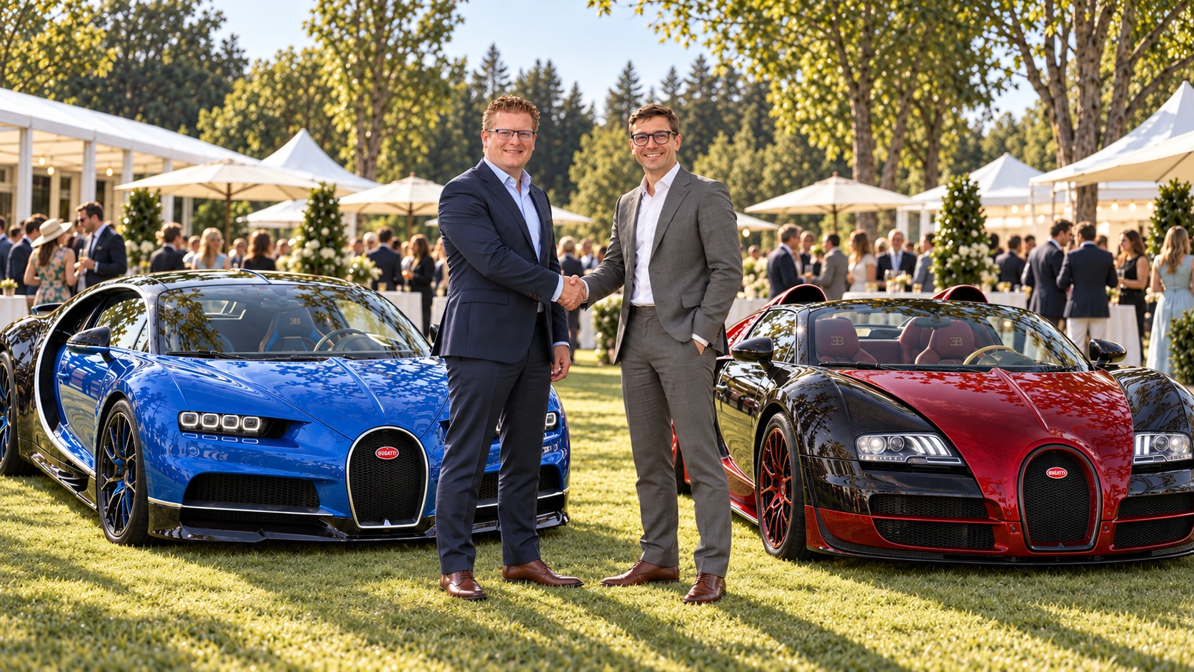 The Atelier Grand Slam co-founders beside two Bugatti automobiles