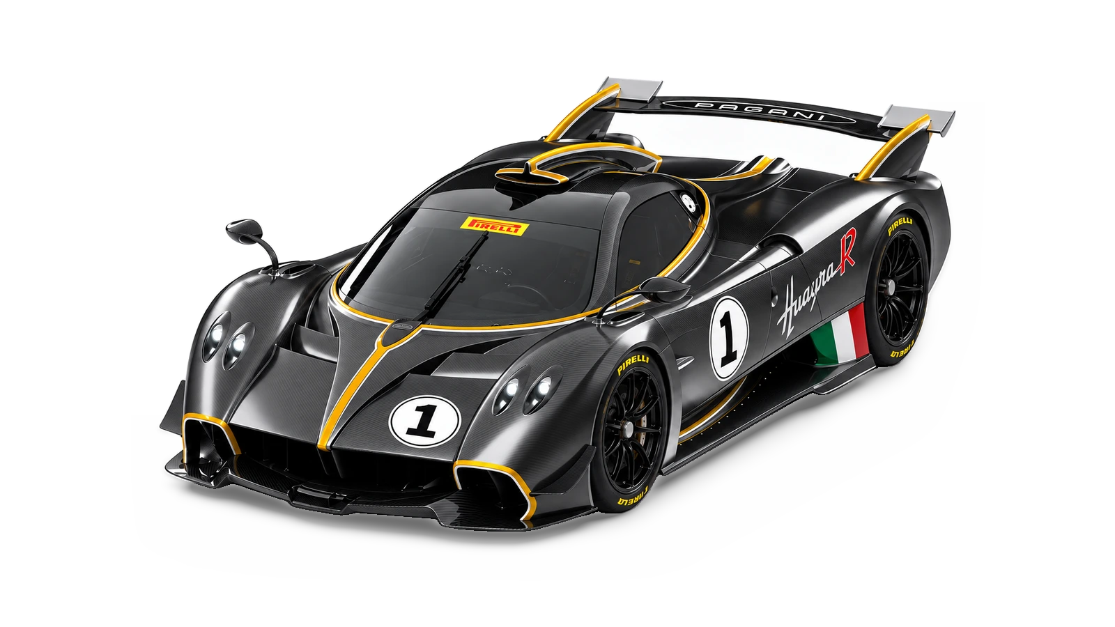 AI-generated illustrative studio view of Pagani Huayra R in number 1 livery for the Atelier Grand Slam Collector Index